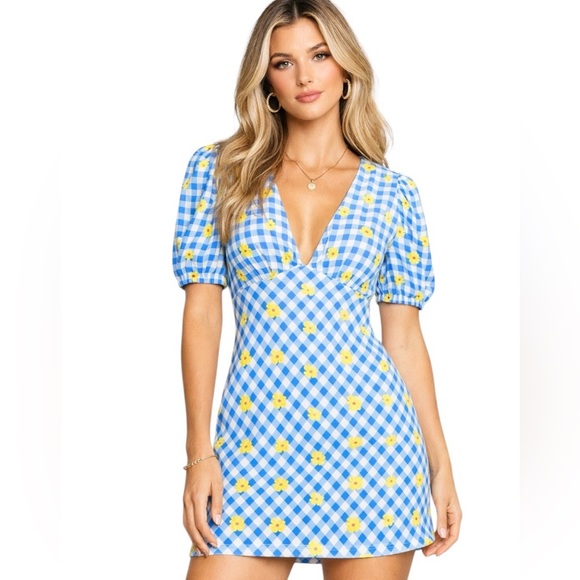 STAUD Dresses & Skirts - NWT STAUD Milla Mini Dress Gingham Daisy Plaid Blue and White Size 6